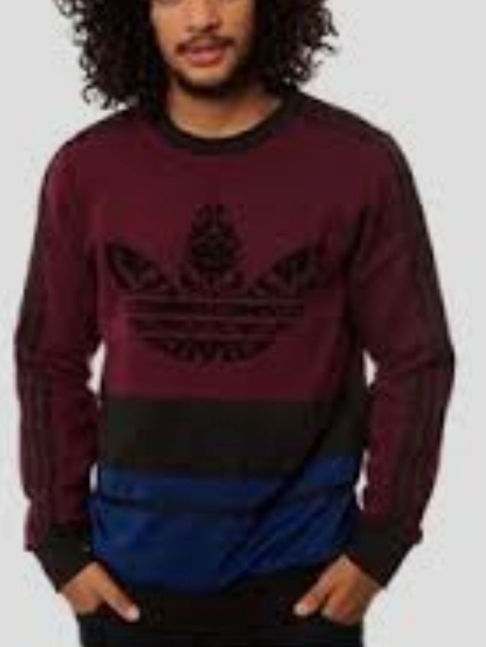 Adidas Men's Burgundy, Black and Blue Colorblock Crewneck Sweater